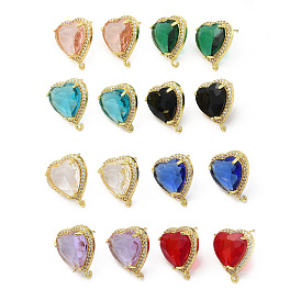 Rack Plating Brass Rhinestone Stud Earring Finding, with Glass, Heart with Vertical Loops, Real 18K Gold Plated, Cadmium Free & Lead Free