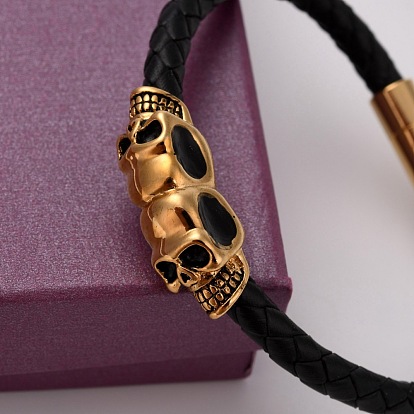 Retro Leather Cord Bracelets, with 304 Stainless Steel Skull Findings and Magnetic Clasps, 210mm
