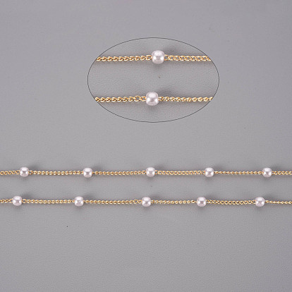 Handmade Brass Curb Chains, with ABS Plastic Imitation Pearl Beads, Soldered, with Spool