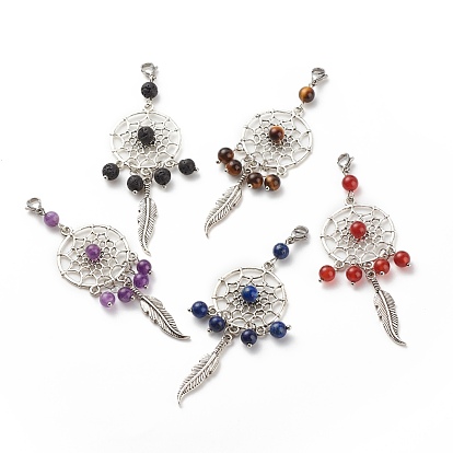Décorations pendantes en pierres naturelles, toile/filet tissé avec ornements suspendus en plumes, breloques fermoir mousqueton