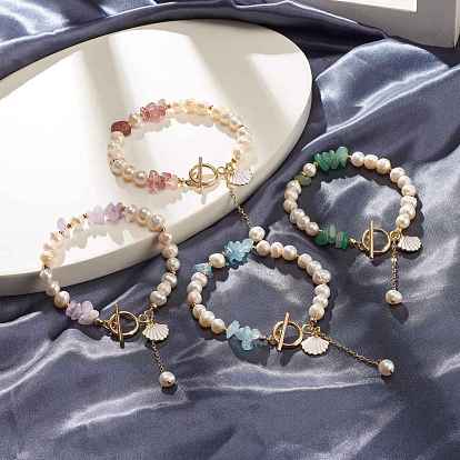Conjunto de pulseras con cuentas de piedra natural mixta, pulseras de perlas naturales, pulseras con forma de concha y borlas de cadena para mujer, dorado