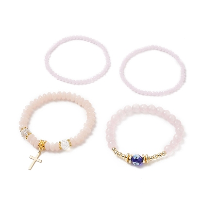 4 pcs 3 style lampwork mauvais œil & verre & bracelets extensibles en perles d'hématite synthétique, 201 bracelets empilables à breloques croix en acier inoxydable pour femmes