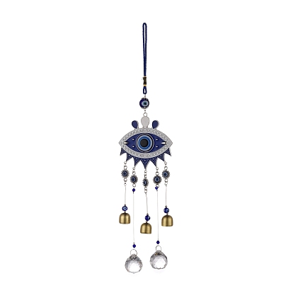Aleación azul turco mal de ojo colgante decoración, con campana y prismas de cristal, Adorno de amuleto para colgar en la pared del hogar