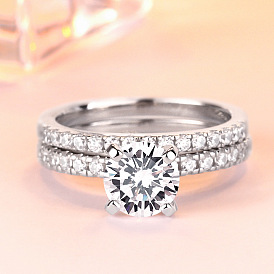 Шикарное серебряное обручальное кольцо s925 с искусственными бриллиантами с платиновым покрытием — креативный дизайн двойного кольца для девочек (варианты размеров)