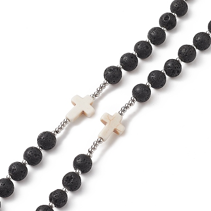 Pierre de lave naturelle et collier de perles de chapelet croix turquoise synthétique, collier pendentif vierge marie en alliage pour femme