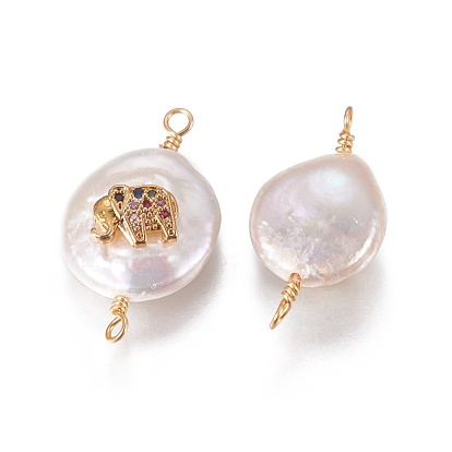 Natural Pearl Links Connectors, with Cubic Zirconia and Brass Findings, Flat Round with Elephant