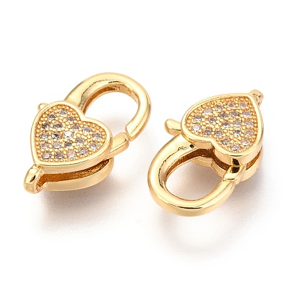 Brass Micro Pave Cubic Zirconia Lobster Claw Clasps, Heart