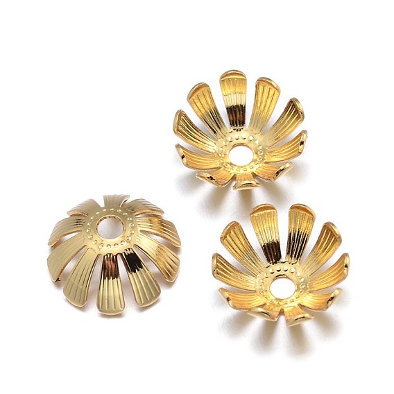 Multi-Petal Flower Brass Bead Caps, Lead Free & Nickel Free & Cadmium Free, 13x6mm, Hole: 2mm