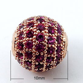 Latón perlas de circonio cúbico, rondo, 10 mm, agujero: 1.5 mm