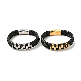 Bracelet multi-rangs en cuir tressé triple boucles avec 304 fermoir magnétique en acier inoxydable pour homme femme