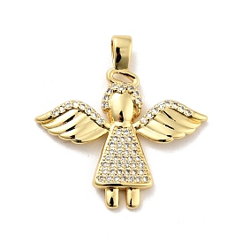 Rack Plating Brass Micro Pave Clear Cubic Zirconia Pendants, Long-Lasting Plated, Lead Free & Cadmium Free, Angel