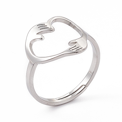 201 anillo ajustable de corazón con abrazo de mano de acero inoxidable para mujer