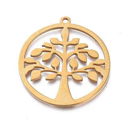 Ion Plating(IP) 304 Stainless Steel Pendants, Manual Polishing, Ring with Tree of Life