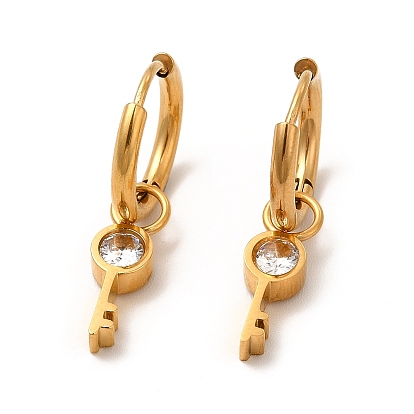 Crystal Rhinestone Skeleton Key Dangle Hoop Earrings, 304 Stainless Steel Jewelry for Women