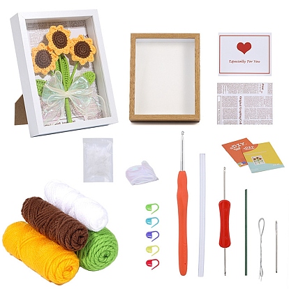 Sunflower Yarn Knitting Beginner Kit, including Photo Frame Stand, Yarn, PP Cotton Stuffing Fiber, Ribbon, Plastic Locking Stitch Marker & Crochet Hooks & Needle