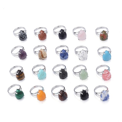 Adjustable Gemstone Finger Rings, with Platinum Plated Brass Findings, Teardrop