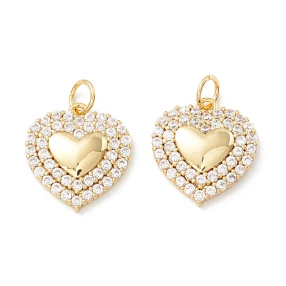 Rack Plating Brass Micro Pave Clear Cubic Zirconia Pendants, Cadmium Free & Nickel Free & Lead Free, Long-Lasting Plated, Heart