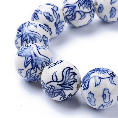 Hebras de perlas de porcelana azul y blanco hechas a mano, pez koi, rondo