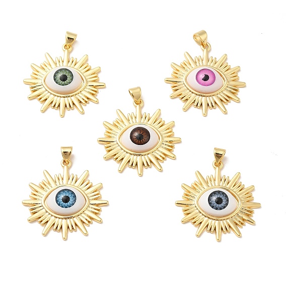 Evil Eye Resin Brass Pendants, Sun Charm, Real 18K Gold Plated