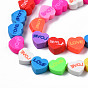 Handmade Polymer Clay Bead Strands, Heart with Word LOVE, for Valentine's Day