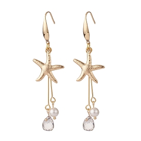 Étoile de mer/étoiles de mer 304 boucle d'oreille pendante en acier inoxydable, Boucles d'oreilles longues en perles de coquillage et perles de verre transparentes pour femmes