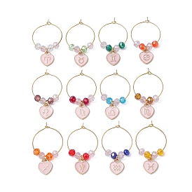 Heart with Twelve Constellations Alloy Enamel Wine Glass Charms, with Glass Beads and Brass Wine Glass Charm Rings
