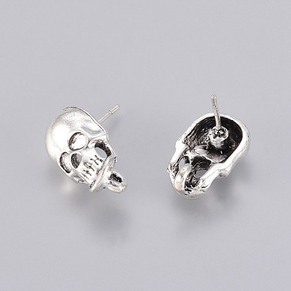 Tibetan Style Stud Earring Findings, with Loop, Lead Free, Skull, 16x9mm, Hole: 2mm, Pin: 1mm