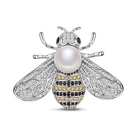 SHEGRACE Brass Brooch, with Grade AAA Cubic Zirconia and Pearl, Bees