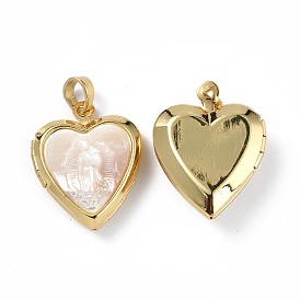 Shell Locket Pendants, Heart Charms, with Brass Findings