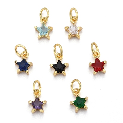 Brass Micro Pave Cubic Zirconia Pendants, Long-Lasting Plated, with Jump Rings, Real 18K Gold Plated, Star