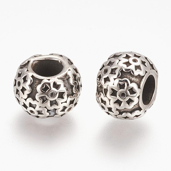 304 Stainless Steel European Beads, Large Hole Beads, Flat Round with Flower
