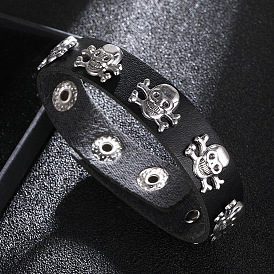 Leather Cord Bracelets, Skull Rivets Bracelets
