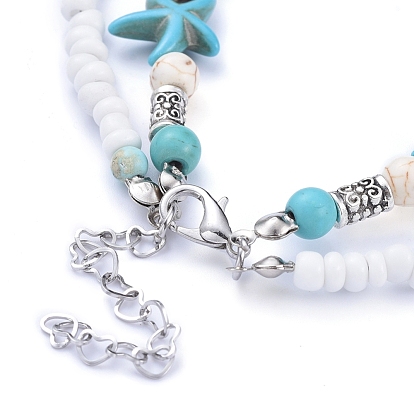 Bracelets cheville cauris, avec des perles turquoises et des perles de rocaille en verre, Perles en alliage de style tibétain, Fermoir mousqueton, fermoirs de homard en alliage de zinc 