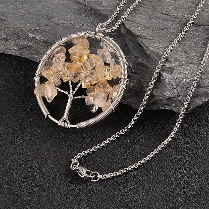 Flat Round with Tree 304 Stainless Steel Mixed Stone Pendant Necklaces, with Lobster Claw Clasps
