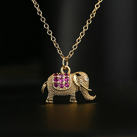 Cute Elephant Pendant Necklace with CZ Stones in 18K Gold Plated Copper for Women