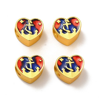 Rack Plating Alloy Enamel European Beads, Large Hole Beads, Cadmium Free & Lead Free, Matte Gold Color, Heart with Cross Pattern