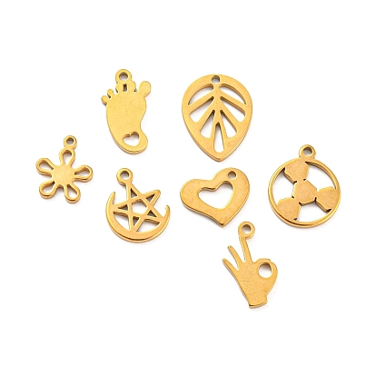 304 Stainless Steel Charms, Golden, Laser Cut, Flower/Footprint/Leaf/Football/Heart/Star/Hand Charm