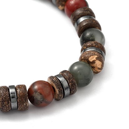 Gemstone Stretch Bracelets, with Natural Coconut Beads and Non-magnetic Synthetic Hematite Beads