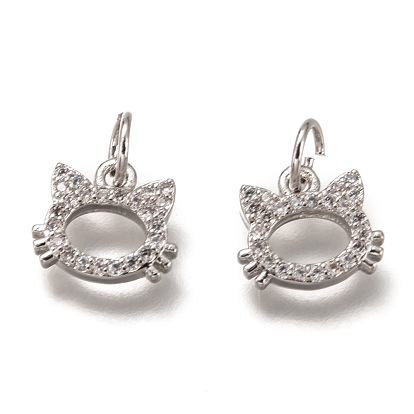 Brass Micro Pave Clear Cubic Zirconia Charms, Cadmium Free & Lead Free, Long-Lasting Plated, Cat