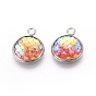 Resin Pendants, with 304 Stainless Steel Finding, Flat Round with Mermaid Fish Scale Shaped
