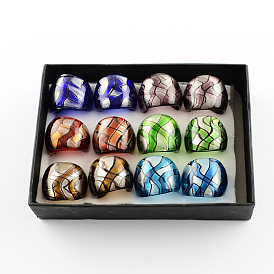 Valentines Day Gift Handmade Silver Foil Lampwork Wide Band Rings, 17~19mm, 12pcs/box