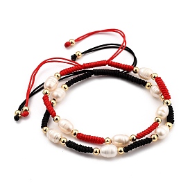 Adjustable Nylon Thread Braided Beads Bracelets Sets, with Natural Cultured Freshwater Pearl Beads and Brass Beads, Real 18K Gold Plated