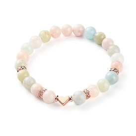 Bracelet extensible en perles rondes de morganite naturelle pour fille femme, bracelet pierre avec perle laiton coeur