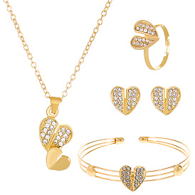 Rhinestone Jewelry Set, Alloy Pendant Necklace & Stud Earring & Cuff Bangle & Adjustable Ring