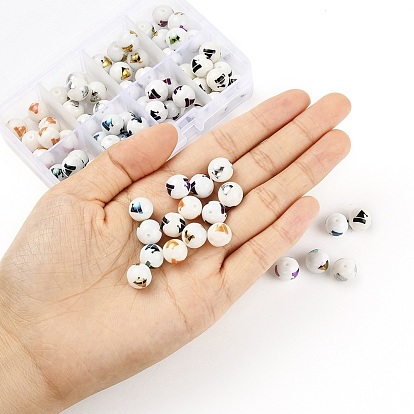 80Pcs 8 Colors Christmas Opaque Glass Beads, Round with Electroplate Christmas Hat Pattern