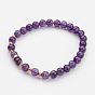 Natural Round Gemstone Beaded Stretch Bracelets, with Iron Spacer Beads