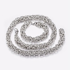 304 acier inoxydable colliers de chaîne byzantine et bracelets ensembles de bijoux, avec fermoir pince de homard
