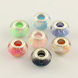 Drawbench Resin European Large Hole Beads, with Double Silver Color Plated Brass Cores, 13.5x9mm, Hole: 4.5mm