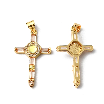 Rack Plating Brass Micro Pave Cubic Zirconia Pendants, Cadmium Free & Lead Free, Long-Lasting Plated, Real 18K Gold Plated, Cross