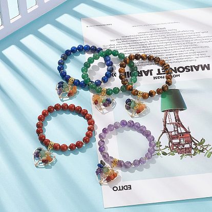 5Pcs 5 Style Natural & Synthetic Mixed Gemstone Stretch Bracelets Set, Yoga Chakra Gemstone Chips Heart with Tree Charms Bracelets for Women